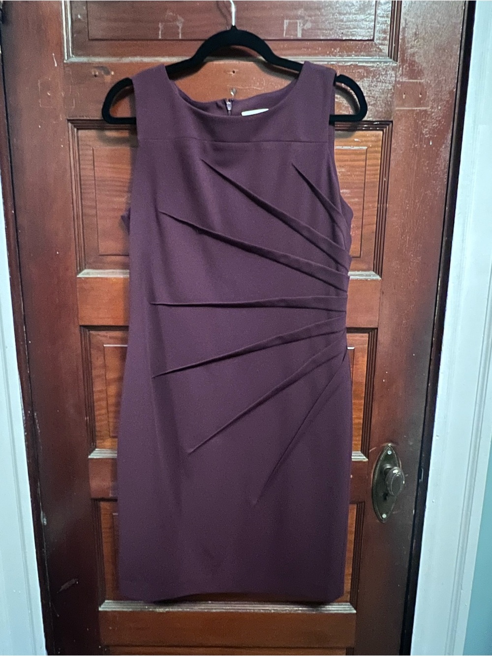 Calvin Klein Plum Sleeveless Sheath Dress with Asymmetrical Pleats